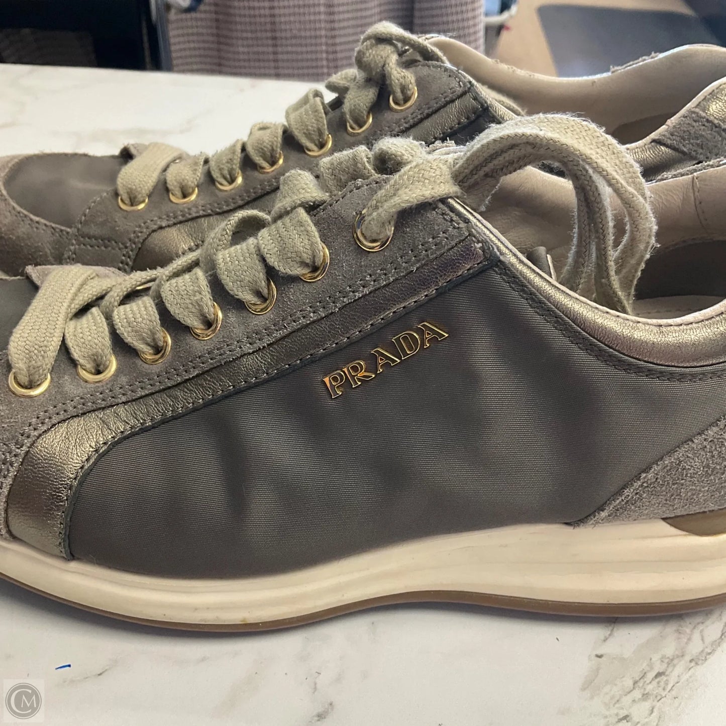 Shoes Luxury Designer By Prada In Green & White, Size: 7