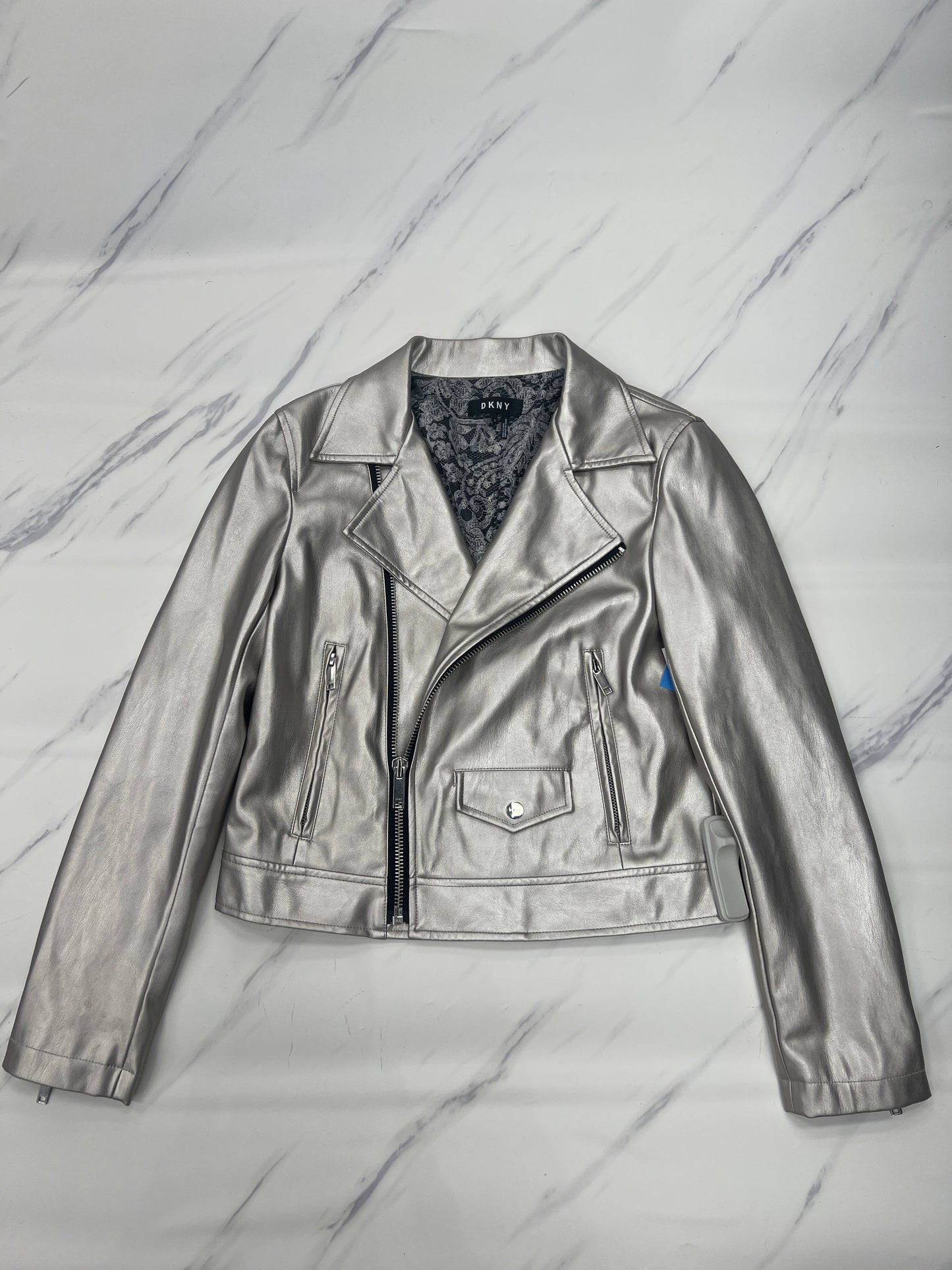 Jacket Moto By Dkny In Silver, Size: S