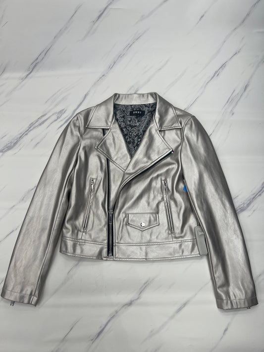 Jacket Moto By Dkny In Silver, Size: S