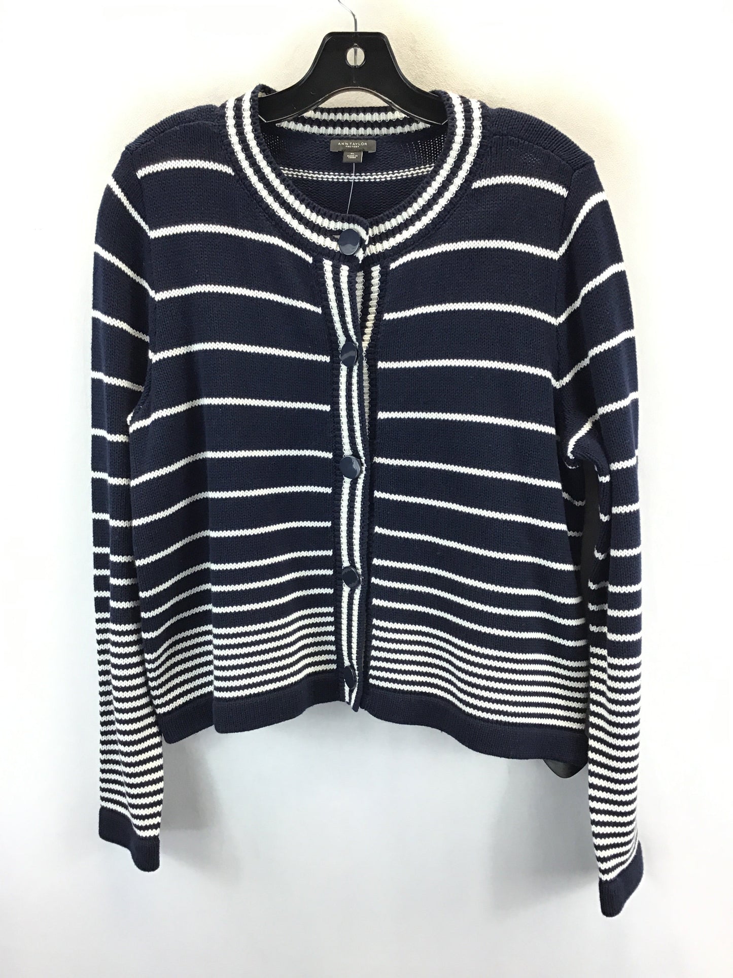 Sweater Cardigan By Ann Taylor In Blue & White, Size: Xl