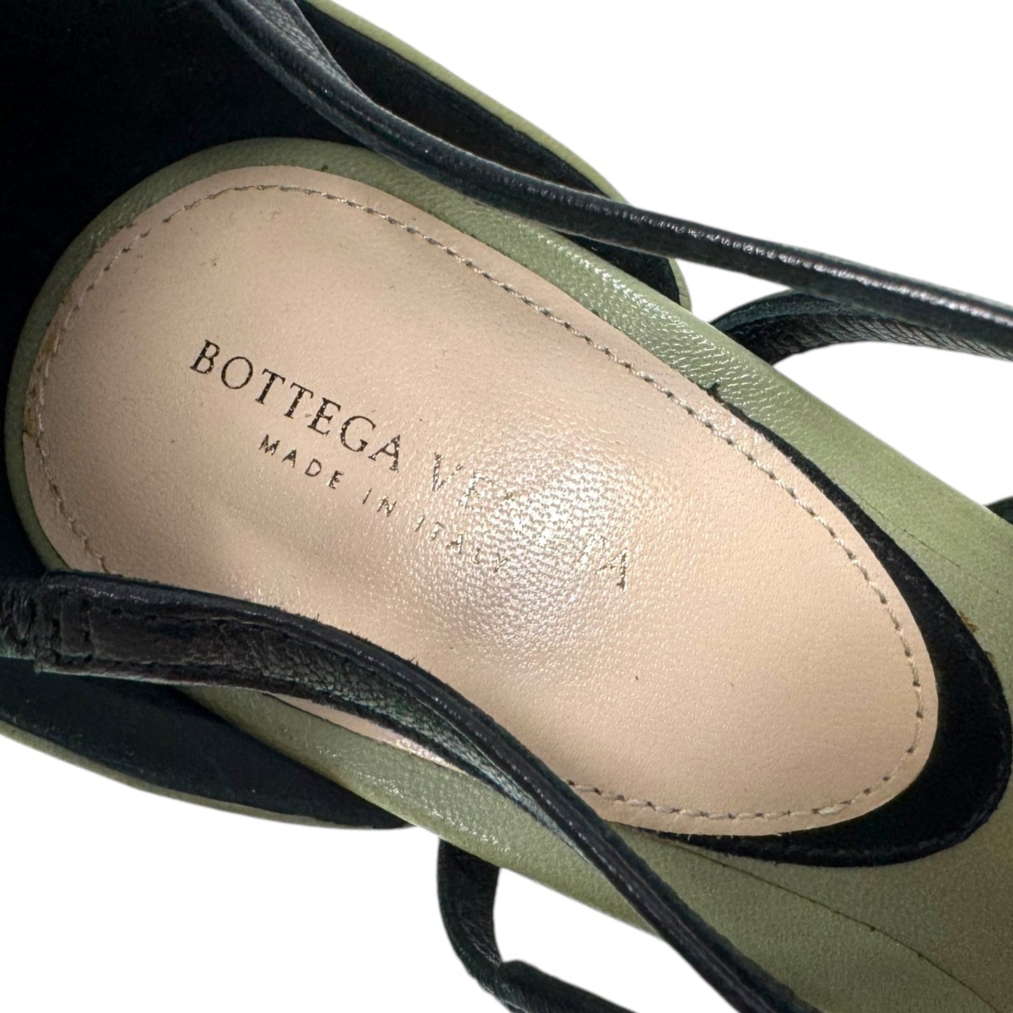 Limited Edition Butterfly Leather Strappy Open Toe Stiletto Sandals Luxury Designer By Bottega Veneta In Black & Olive, Size: 6.5