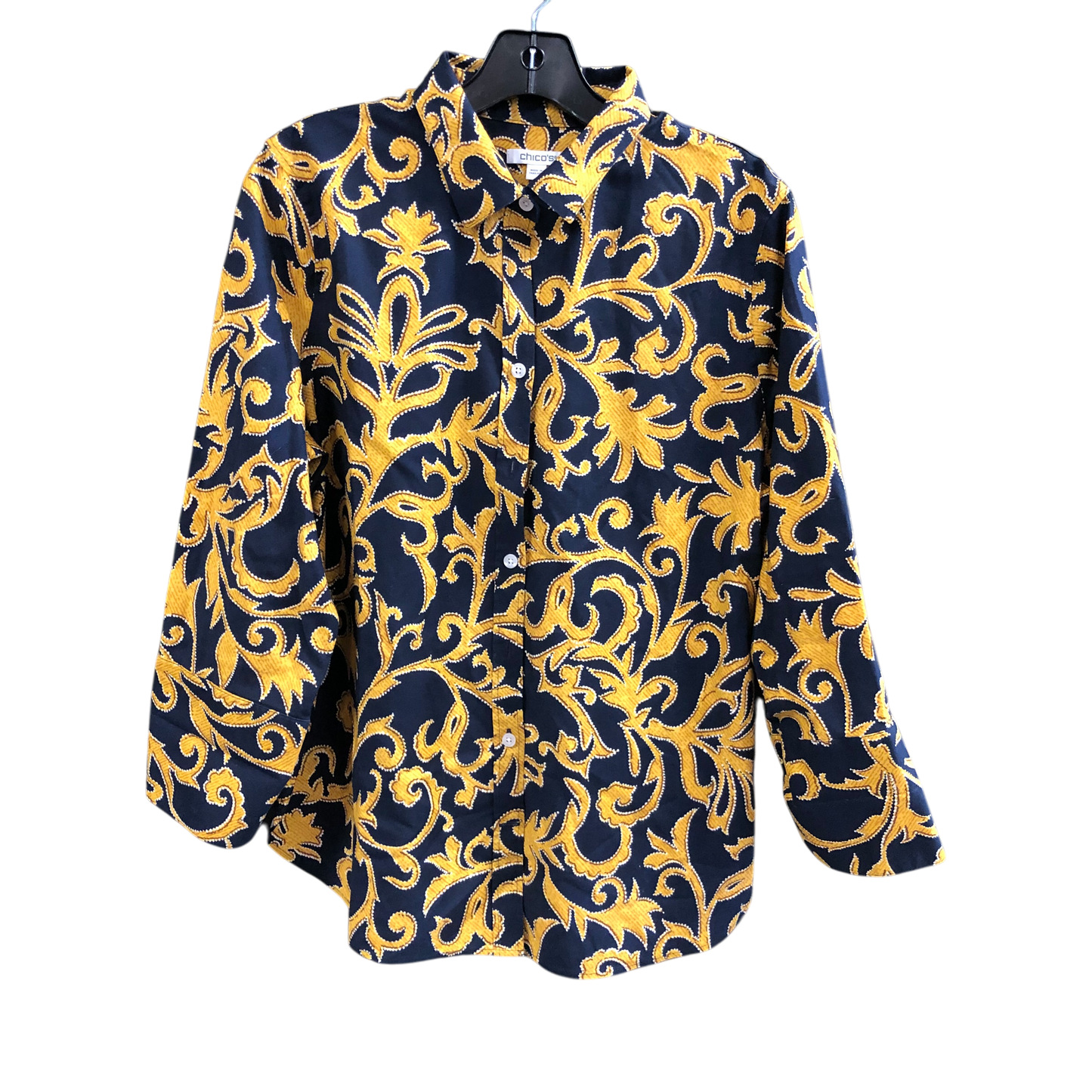 Top 3/4 Sleeve By Chicos In Blue & Gold, Size: M