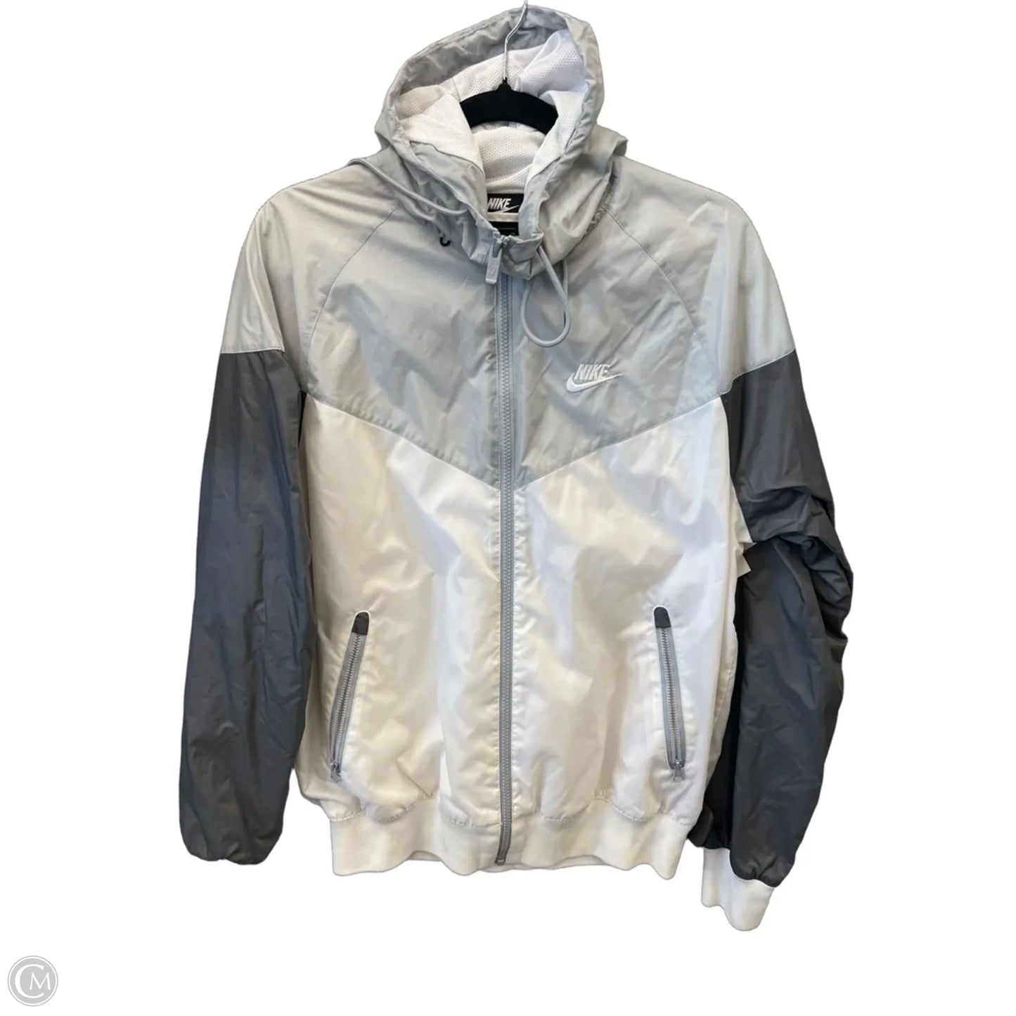 Jacket Windbreaker By Nike Apparel In Grey & White, Size: S