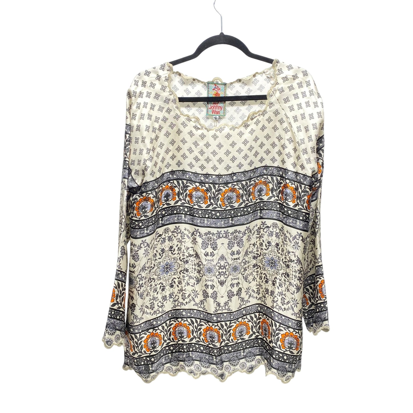 Top Long Sleeve Designer By Johnny Was In Cream & Grey, Size: M