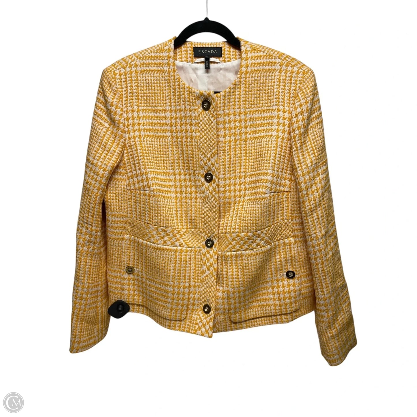 Blazer Designer By Escada In White & Yellow, Size: L