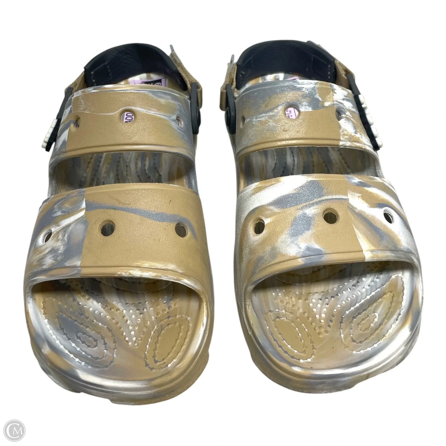 Sandals Flats By Crocs In Grey & Tan, Size: 10