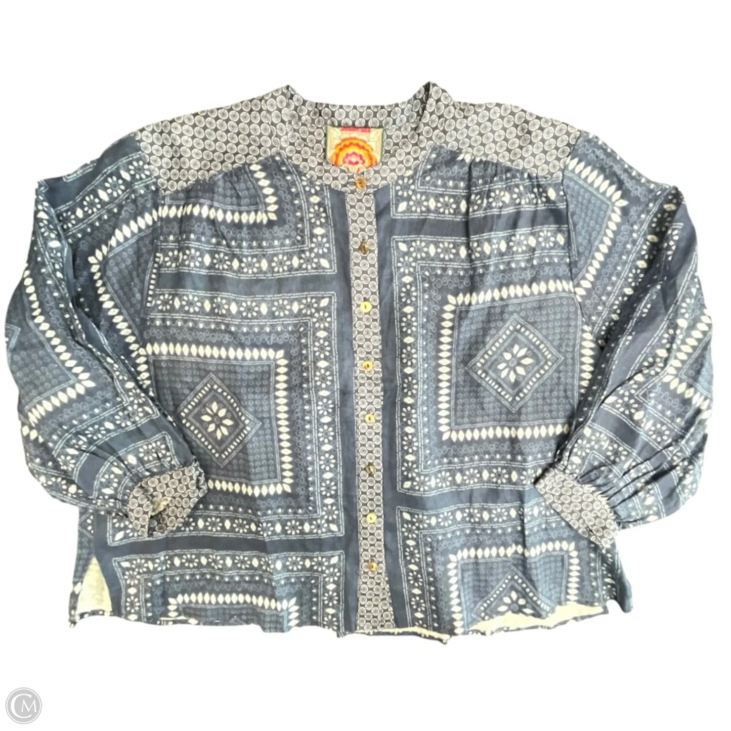 Blouse Designer By Johnny Was In Blue & White, Size: M