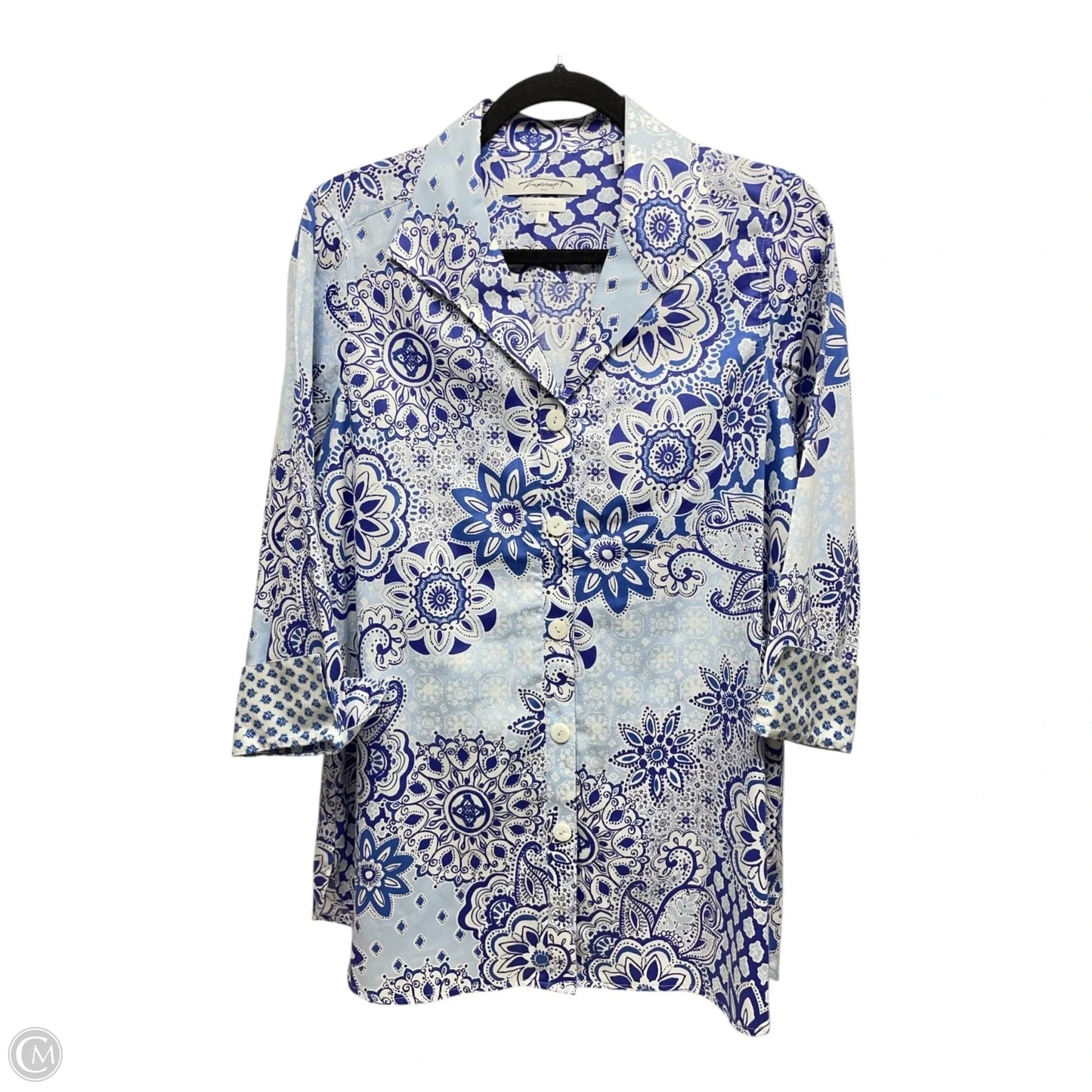 Top Long Sleeve By Foxcroft In Blue & White, Size: 8