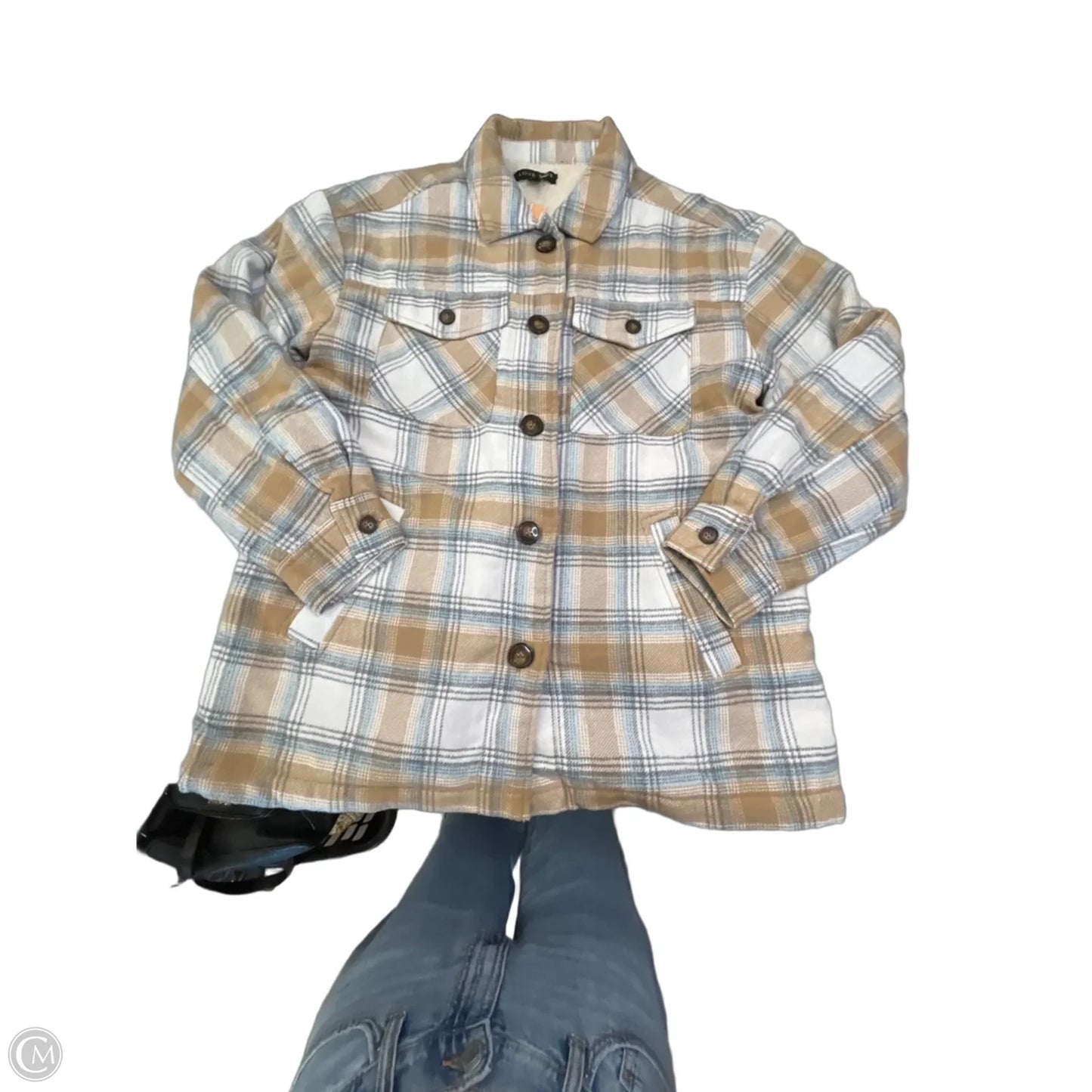 Jacket Shirt By Love Tree In Blue & Brown, Size: L