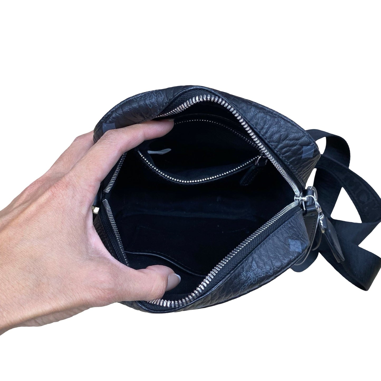 Handbag Luxury Designer By Mcm In Black & Silver, Size:Small