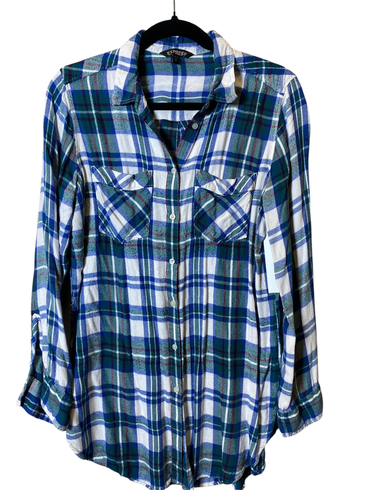 Blouse Long Sleeve By Express In Plaid Pattern, Size: L