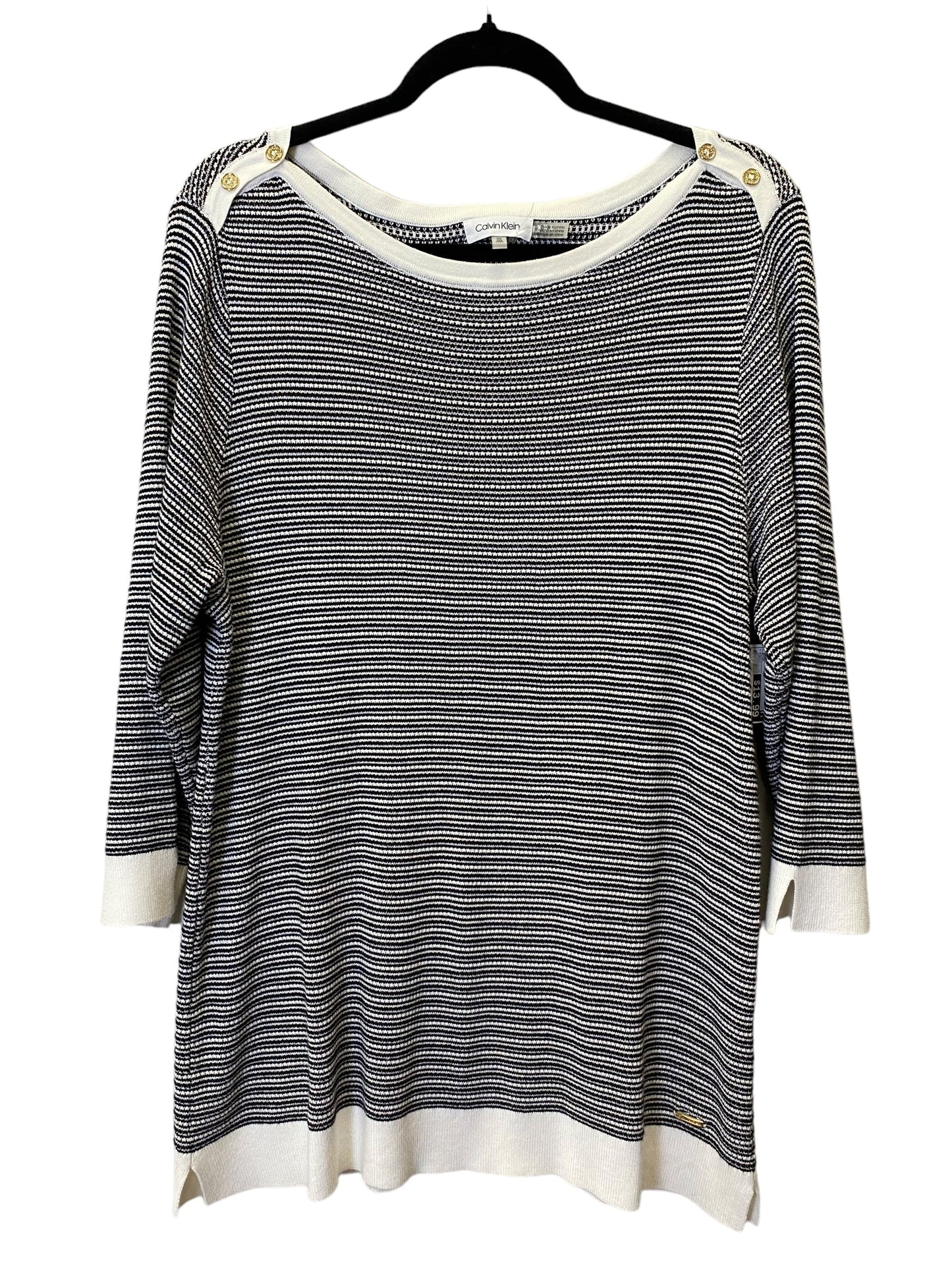 Top Long Sleeve By Calvin Klein In Black & White, Size: L