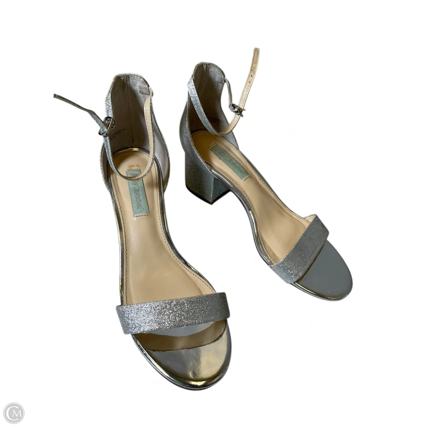 Sandals Heels Block By Betsey Johnson In Silver, Size: 9