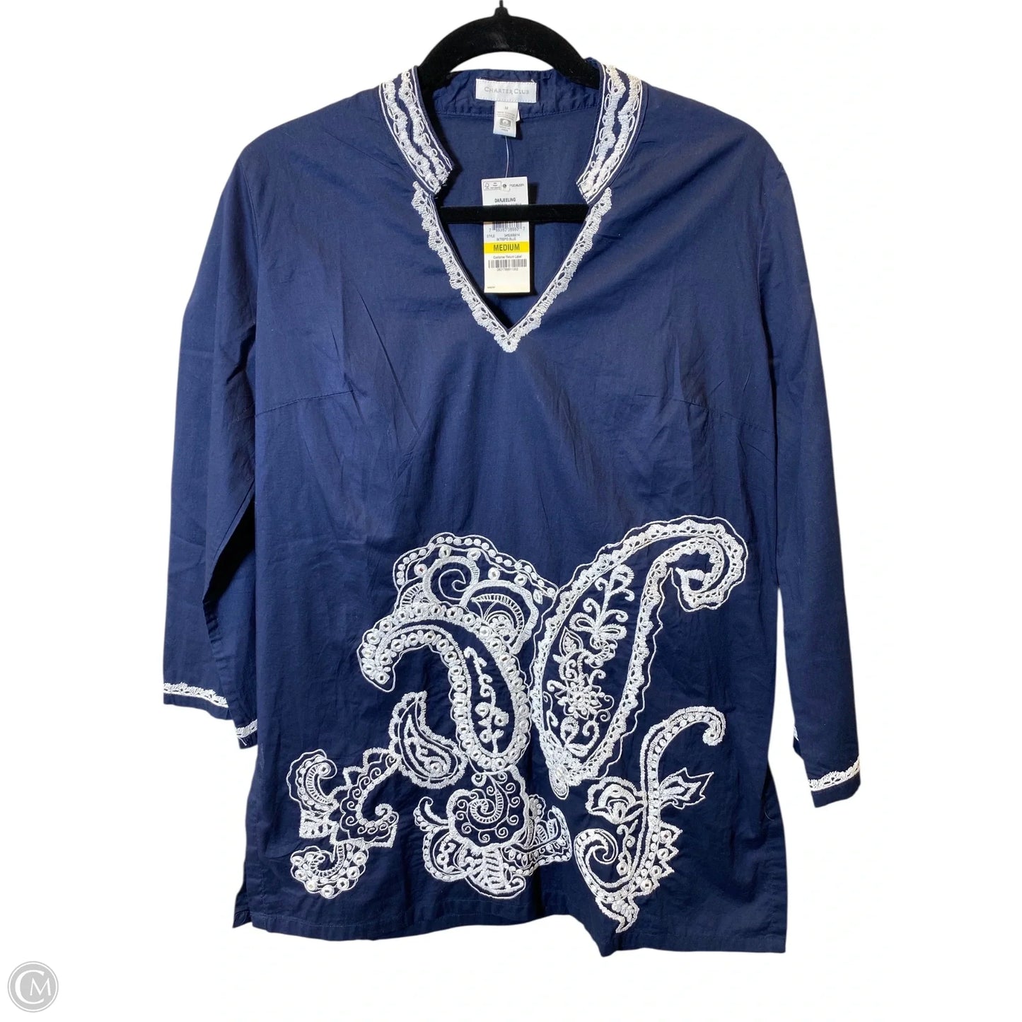 Top 3/4 Sleeve By Charter Club In Blue & White, Size: M