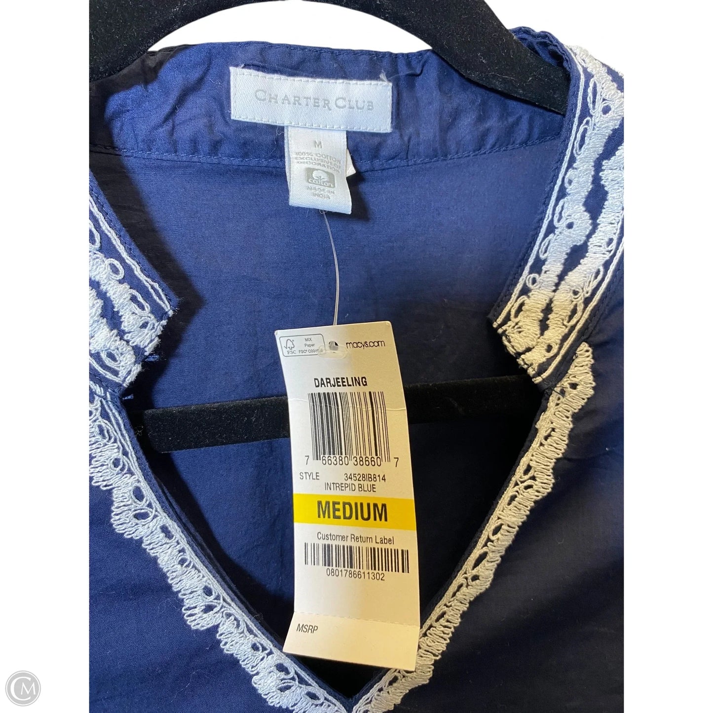 Top 3/4 Sleeve By Charter Club In Blue & White, Size: M