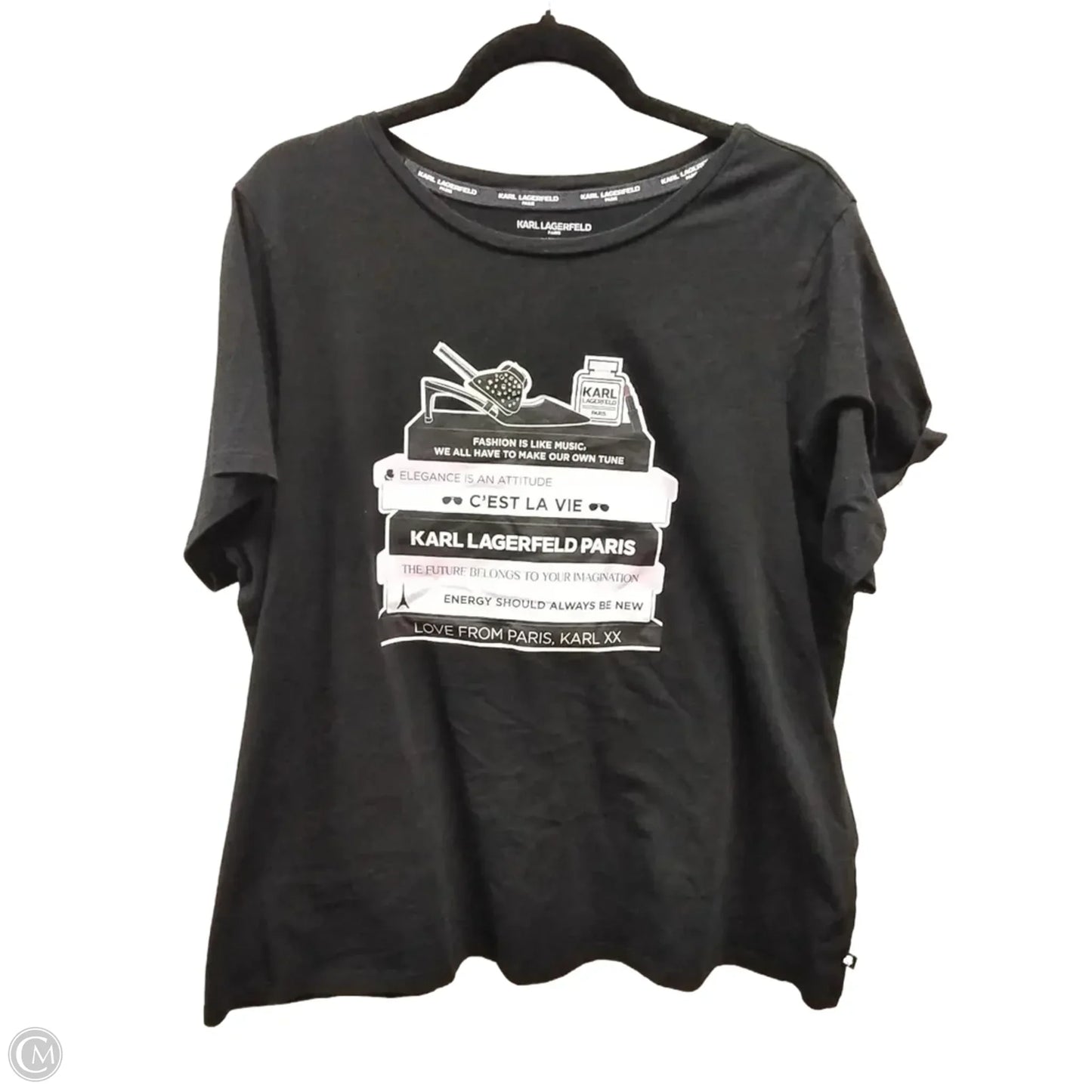 Top Short Sleeve Designer By Karl Lagerfeld In Black, Size: 1x