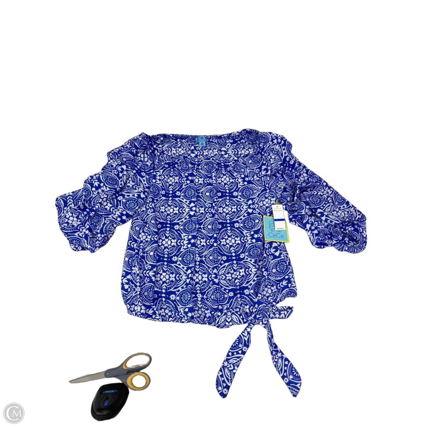 Blouse Long Sleeve By Cece In Blue & White, Size: Xl