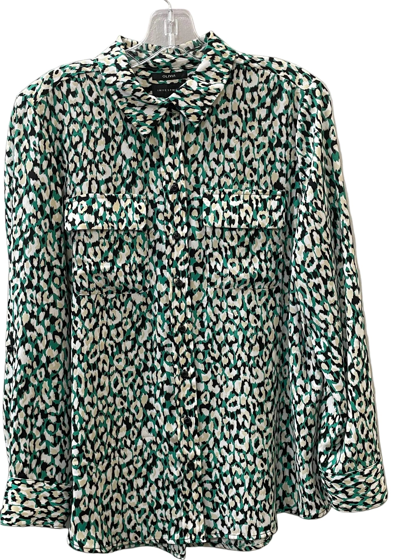 Blouse Ls By Investments In Green & Tan, Size:S