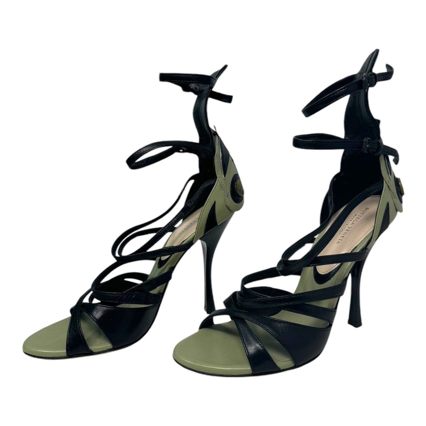 Limited Edition Butterfly Leather Strappy Open Toe Stiletto Sandals Luxury Designer By Bottega Veneta In Black & Olive, Size: 6.5