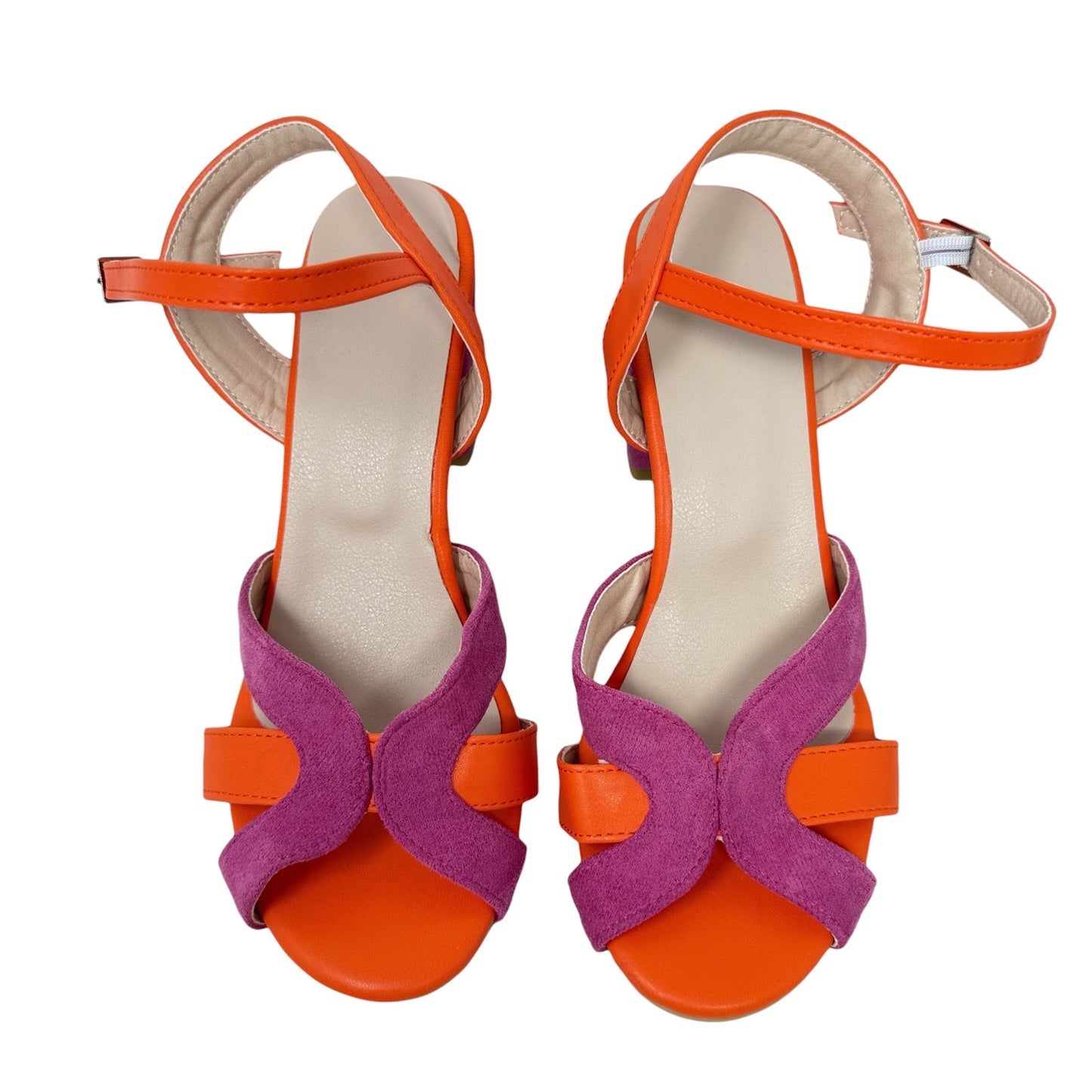 Colorblock Chunky Heel Sandals By JinPin In Orange & Pink, Size: 9