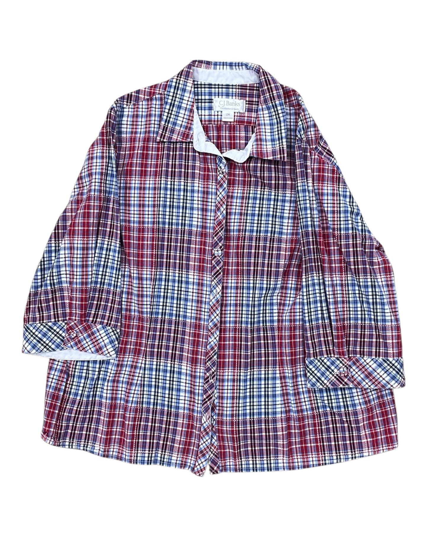 Blouse 3/4 Sleeve By Cj Banks In Red & White, Size:2X