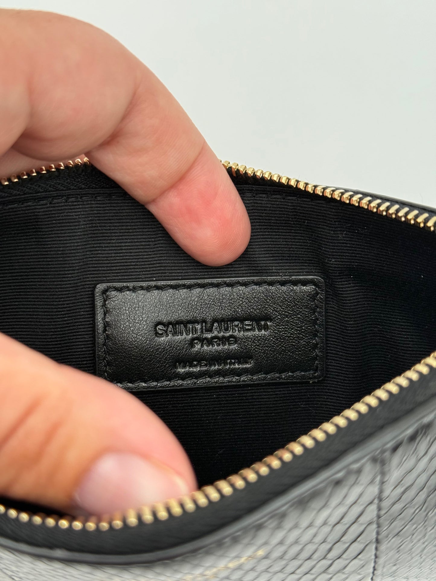 Clutch Luxury Designer By Yves Saint Laurent In Black & Gold, Size:Small