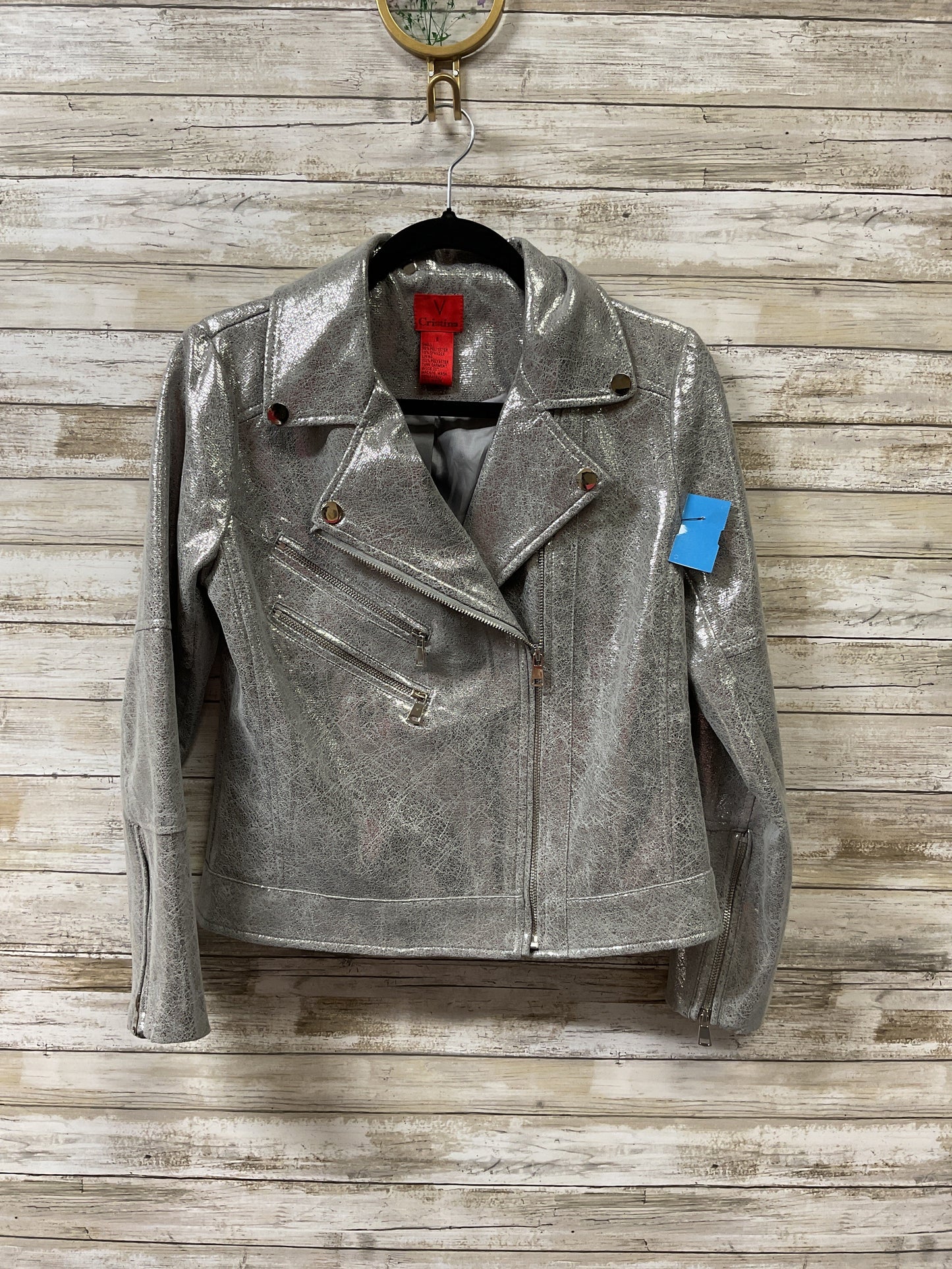 Jacket Moto By Cristina In Silver, Size:S
