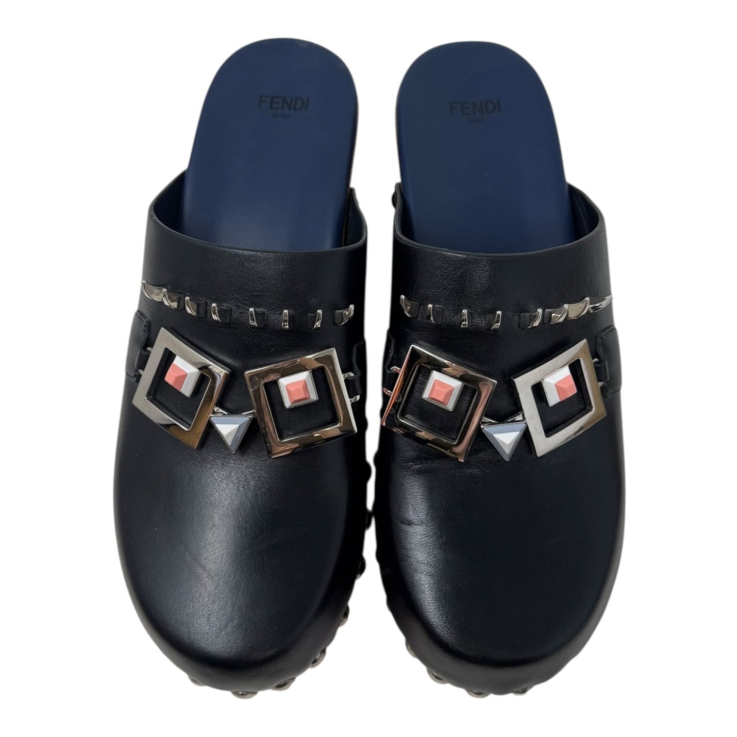 (Monster) Faces Spiked Leather Clogs Luxury Designer By Fendi In Black, Size: US 8 (IT 38)