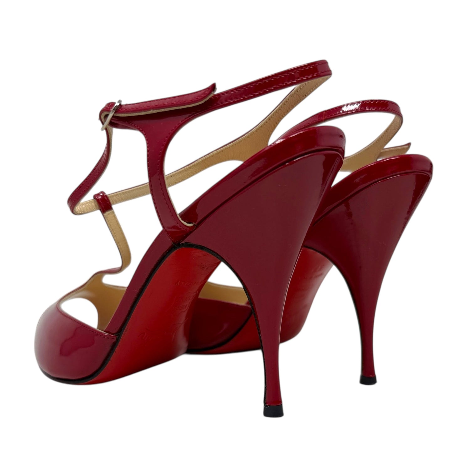 Ernesta T-Strap Patent Leather Pumps Luxury Designer By Christian Louboutin In Red, Size: 7