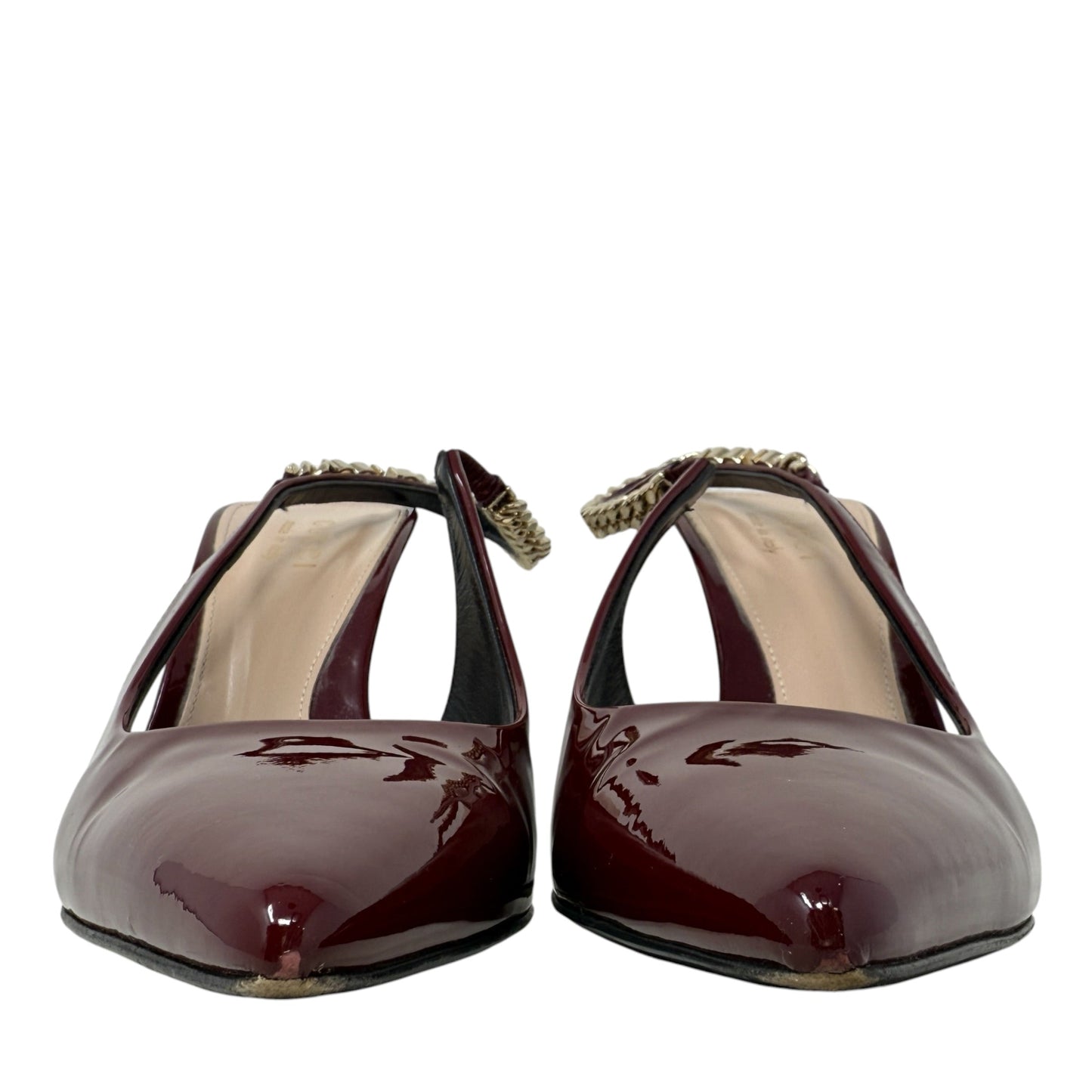 Signoria Patent Leather Slingback Pumps Luxury Designer By Gucci In Rosso Ancora, Size: 7