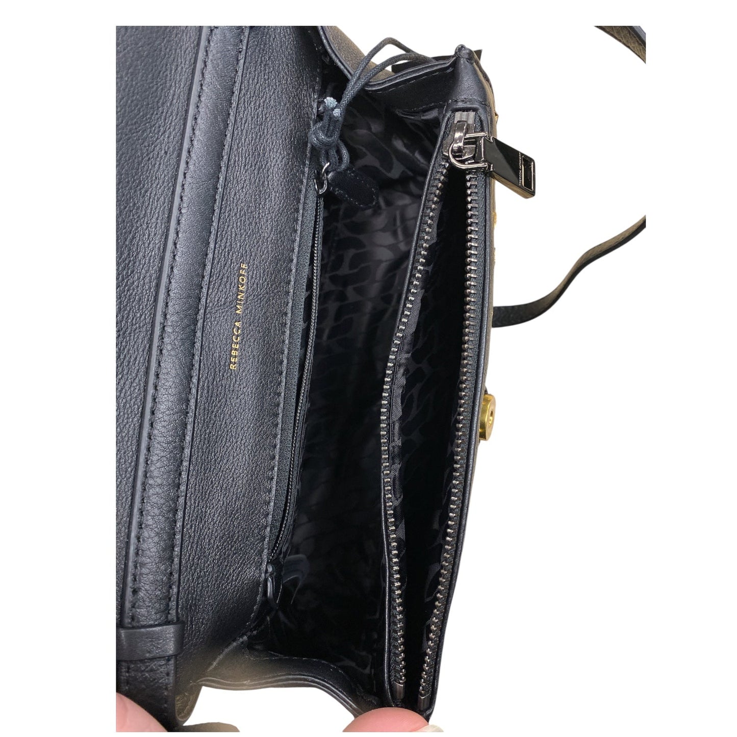 Handbag Designer By Rebecca Minkoff In Black & Gold, Size:Medium