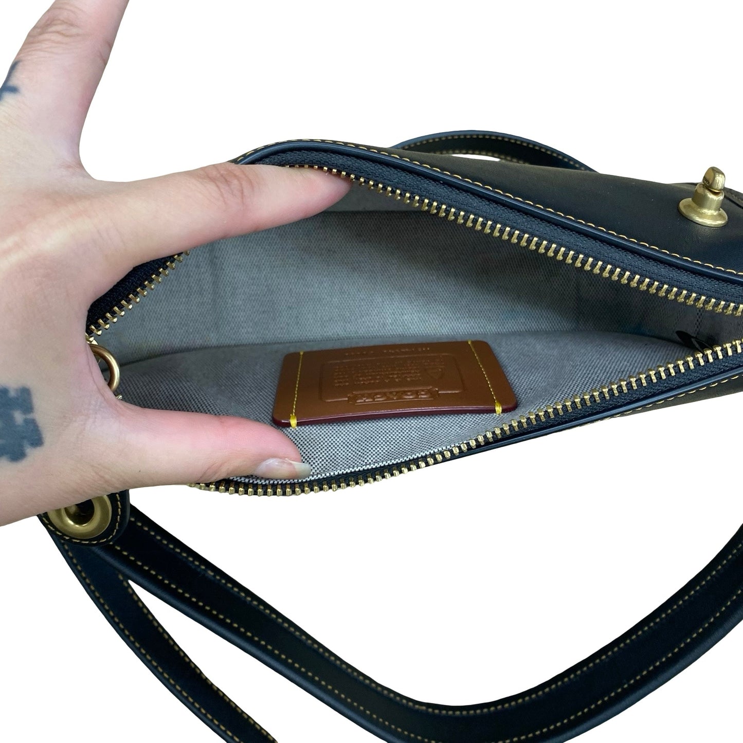 Handbag Designer By Coach In Black & Gold, Size:Small