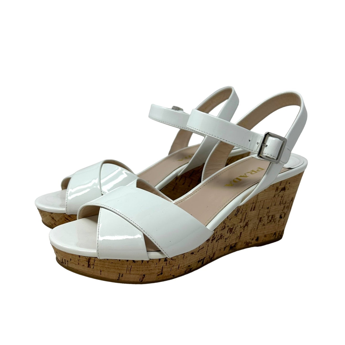 Calzature Donna Vernice 3 Patent Leather Cork Wedge Sandals, Blanco Luxury Designer By Prada  Size: 9