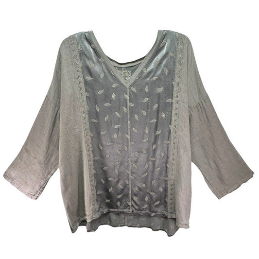 Embroidered V-Neck Tunic Designer By Johnny Was In Grey, Size: L