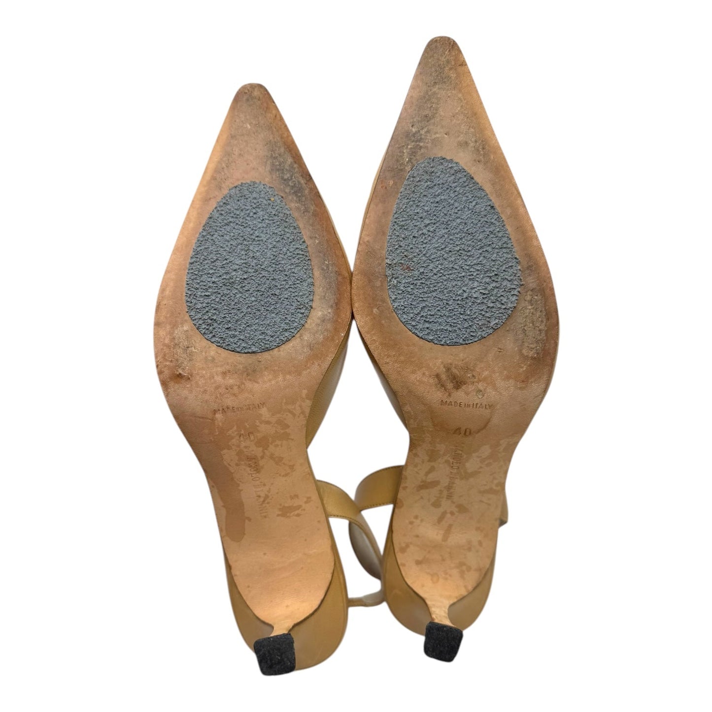 Carolyne Slingback Leather Heels Shoes Luxury Designer By Manolo Blahnik In Beige, Size: 10