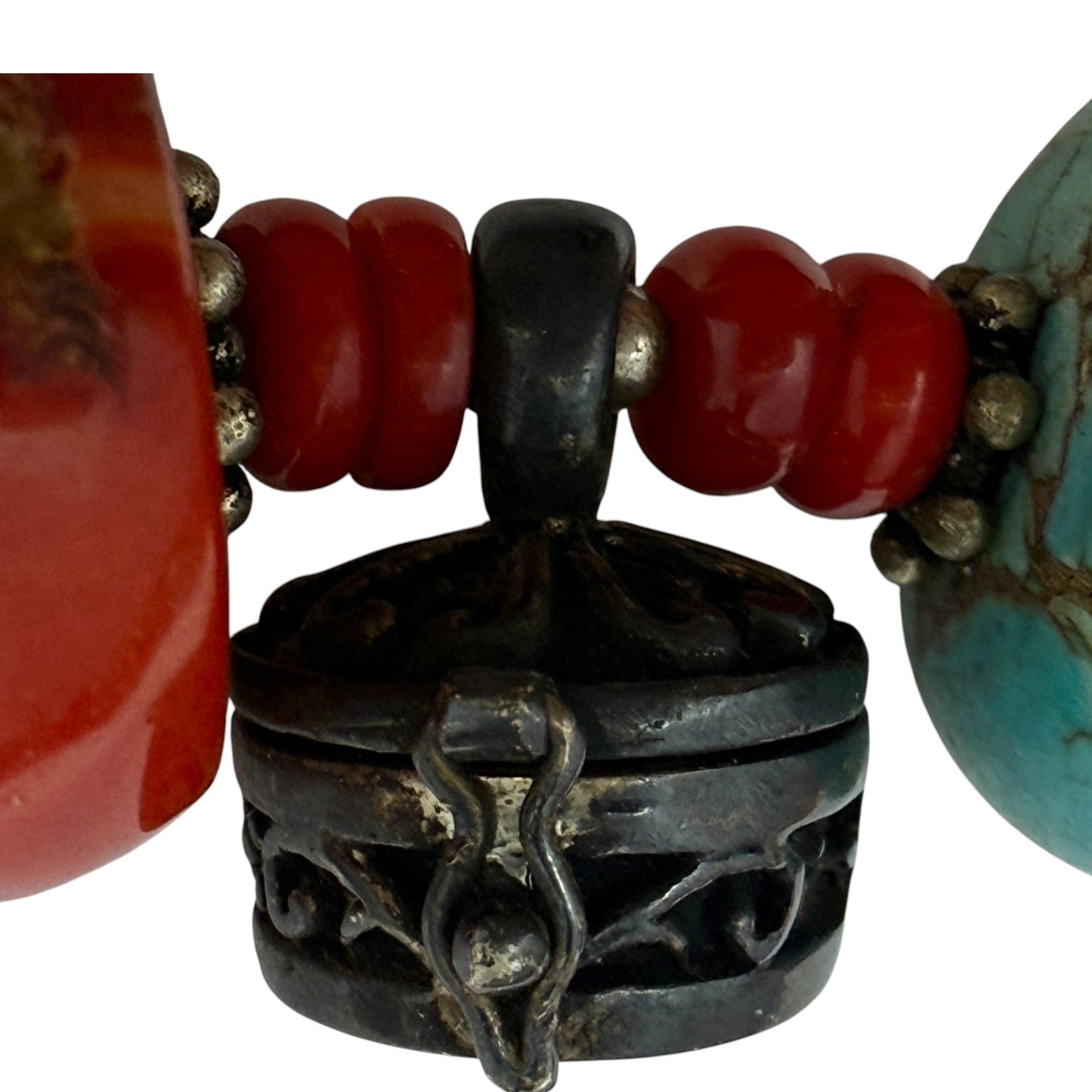 Himalayan Tibetan Sterling Silver, Turquoise & Coral Beaded Statement Necklace