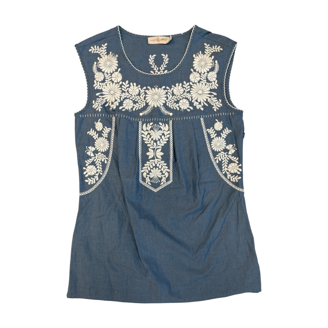 Top Sleeveless Designer By Tory Burch In Blue & White, Size:Xs