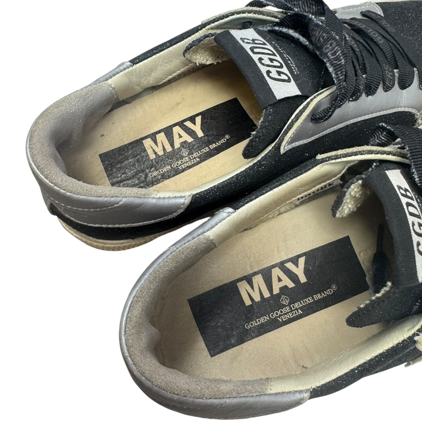 May Glitter Sneaker Shoes Luxury Designer By Golden Goose In Black & Silver, Size: 7.5 (EU 38)