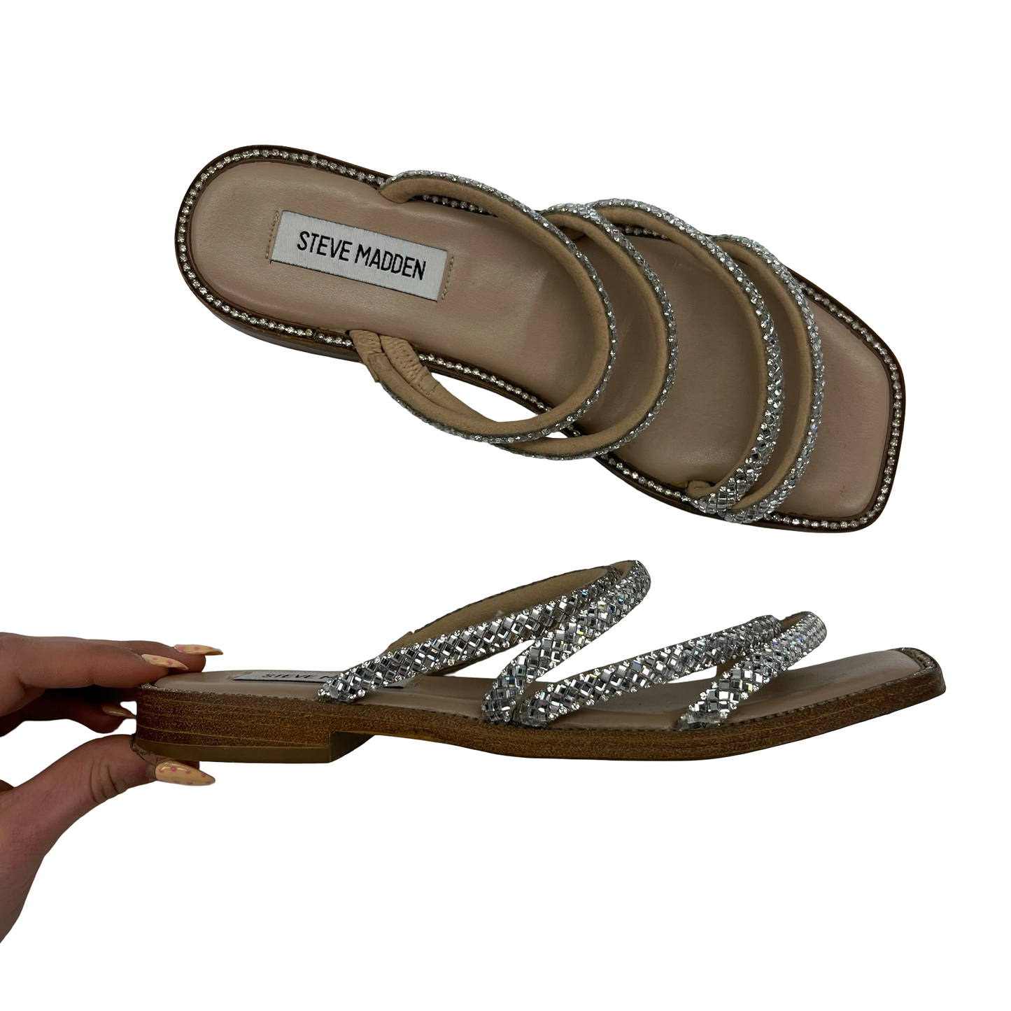 Sandals Flats By Steve Madden In Silver & Tan, Size:6.5
