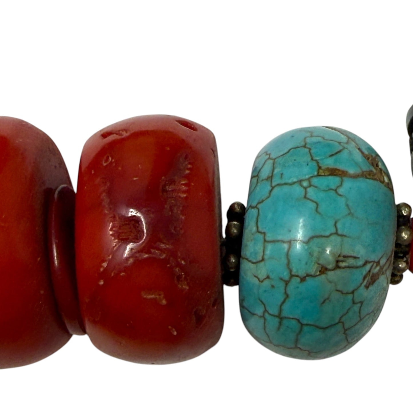 Himalayan Tibetan Sterling Silver, Turquoise & Coral Beaded Statement Necklace