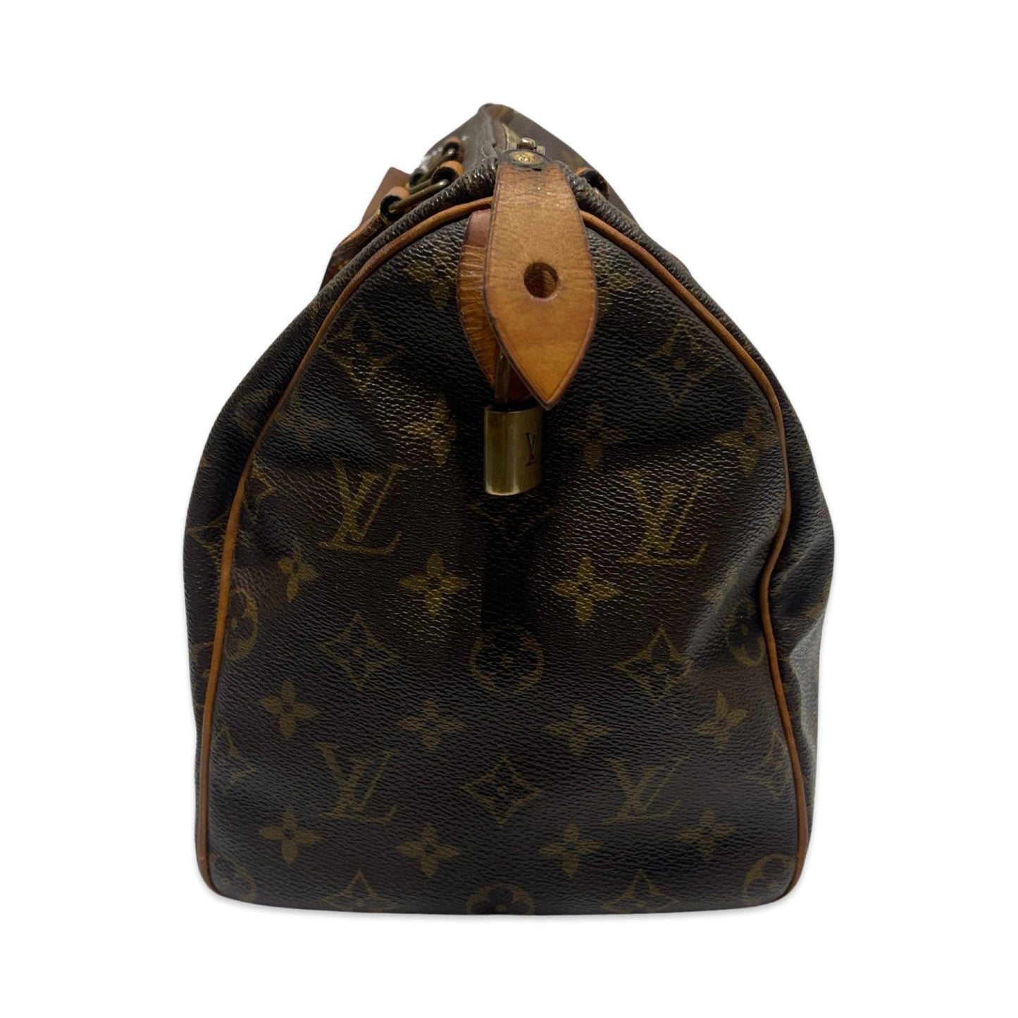 Speedy 30 Coated Canvas Monogram Brown with Brass Hardware Handbag Luxury Designer By Louis Vuitton Size: Medium