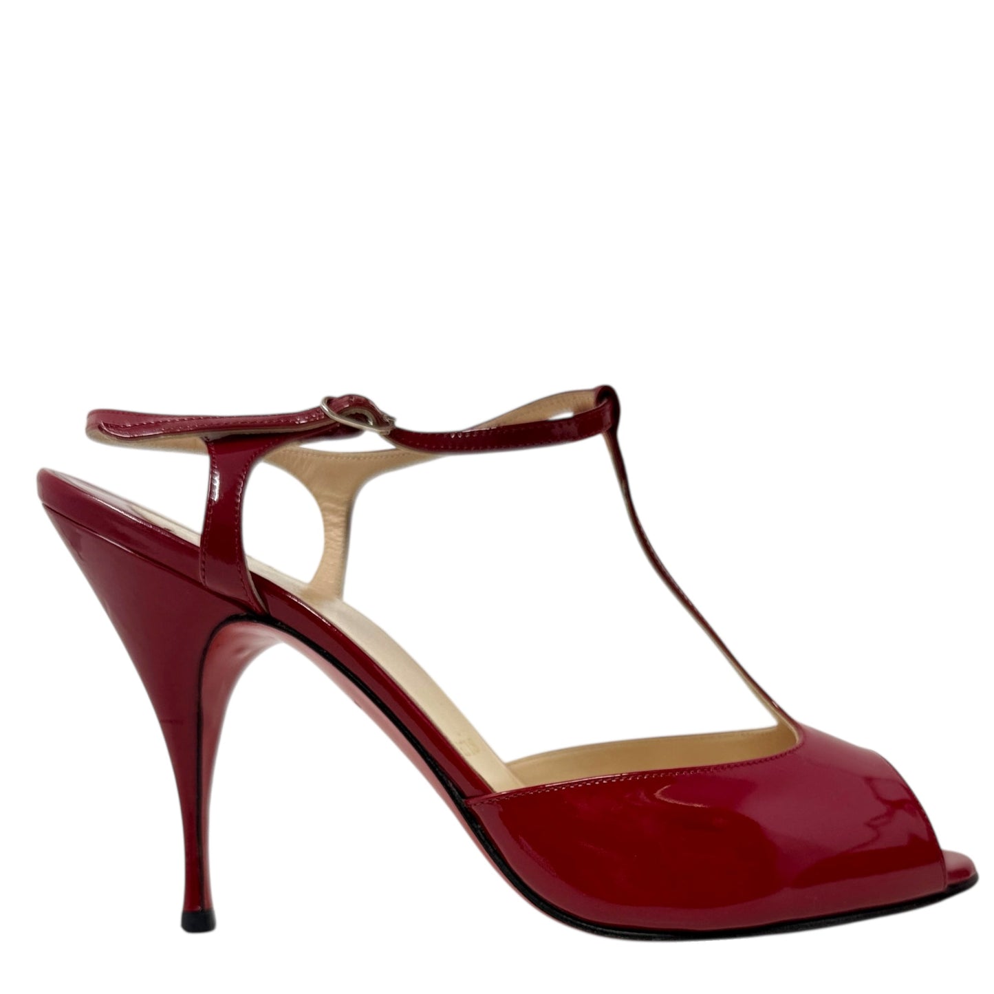 Ernesta T-Strap Patent Leather Pumps Luxury Designer By Christian Louboutin In Red, Size: 7