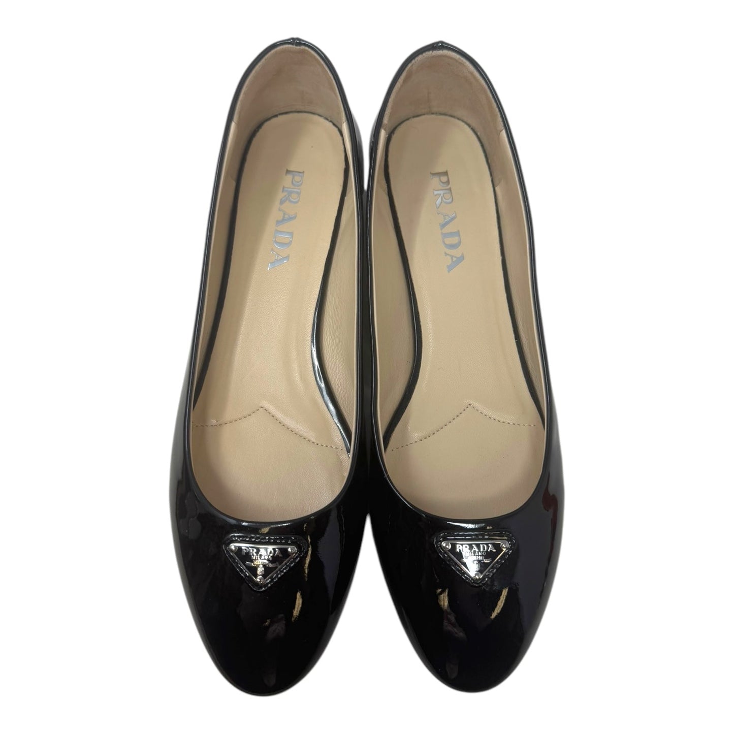 Patent Logo Ballet Flats Shoes Luxury Designer By Prada In Black, Size: 9