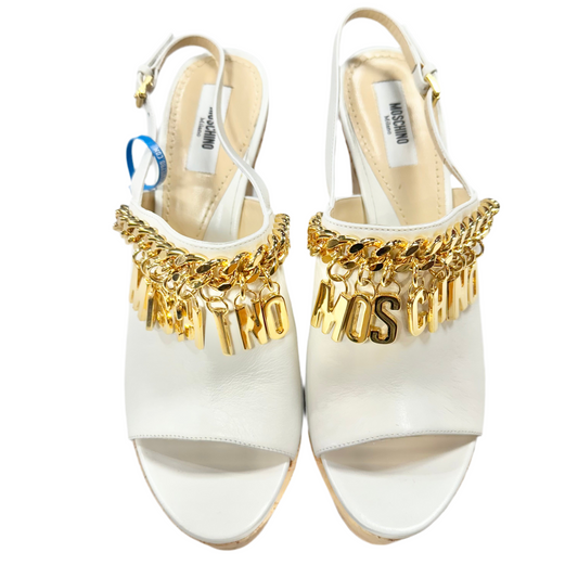 Sandals Luxury Designer By Moschino In White, Size: 9