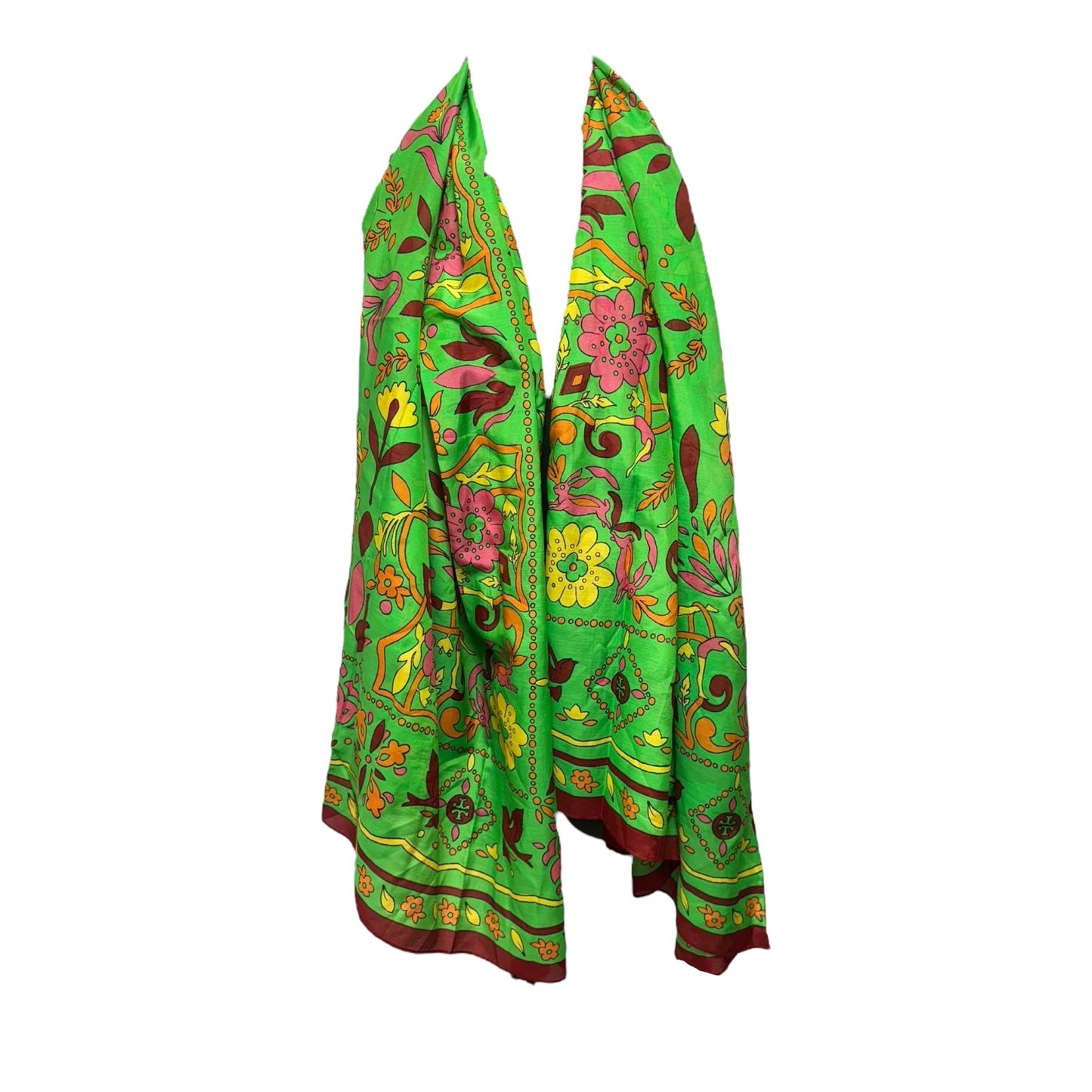 Cotton & Silk Tassel Folk Art Printed Pareo Designer By Tory Burch In Green Splash, Size: Osfm