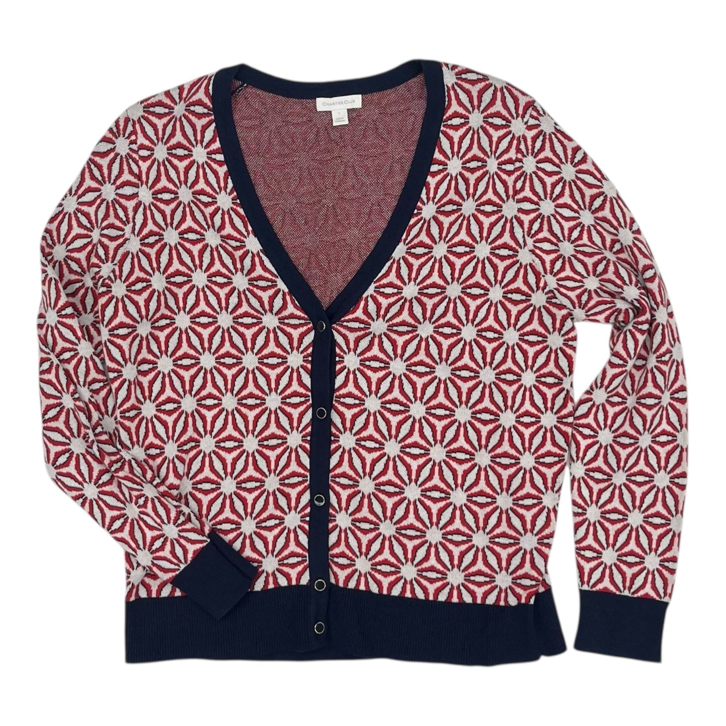Sweater Cardigan By Charter Club In Blue & Red & White, Size:L