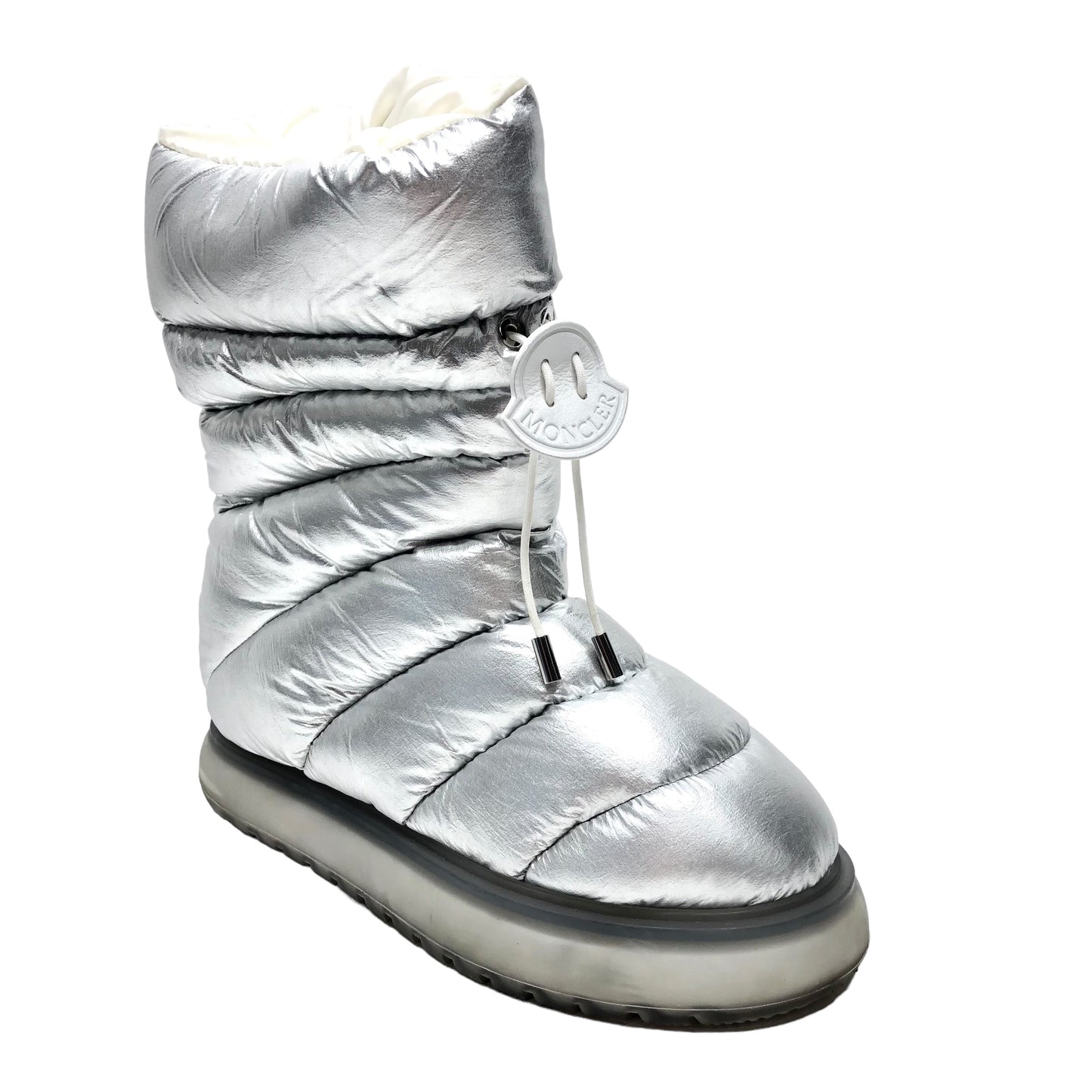 Boots Luxury Designer By Moncler In Silver, Size: 8