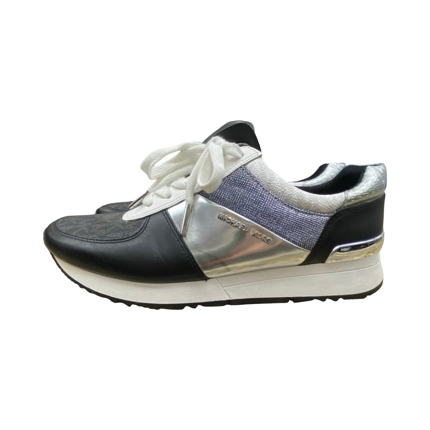 Shoes Designer By Michael Kors In Black & Silver, Size:8