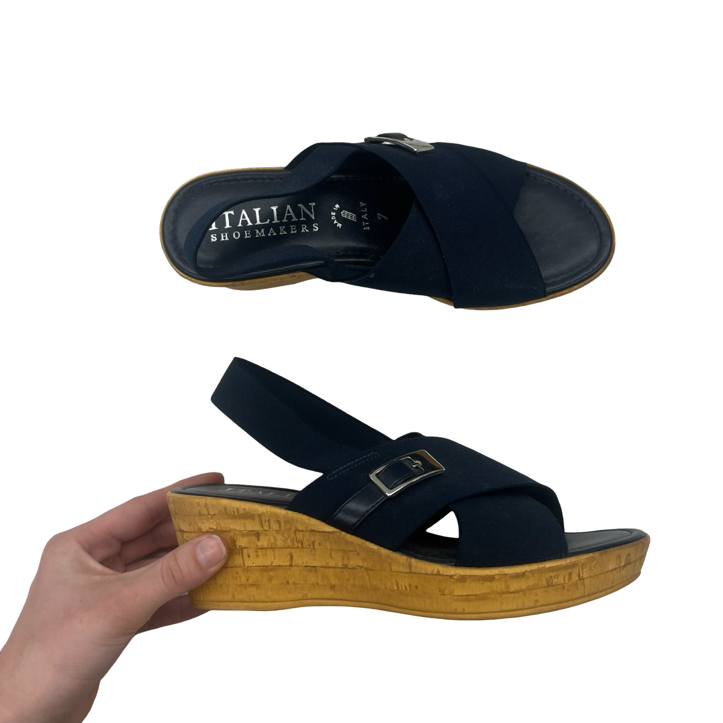 Sandals Heels Wedge By Italian Shoemakers In Blue, Size:7