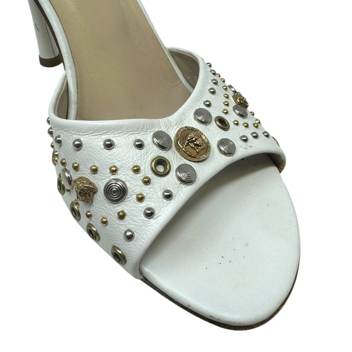 Vintage Medusa Logo Studded Mule Sandals Luxury Designer By Versace In White, Size: US 6/IT 36